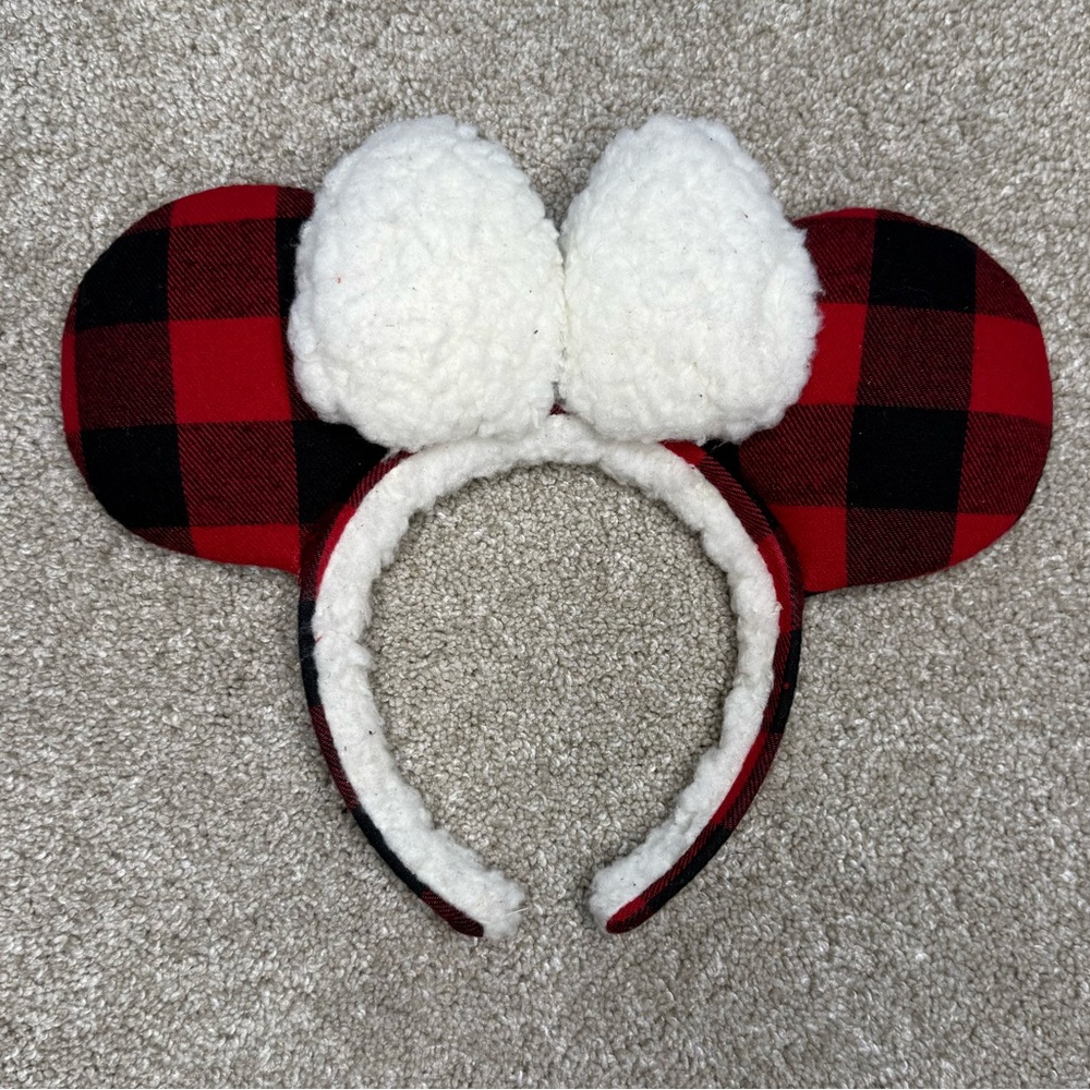 Disney Red Plaid Minnie Mouse Ear Headband with White Fluffy Bow